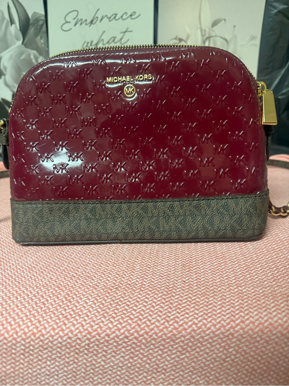 Michael Kors Burgundy Patent and Brown Logo Crossbody